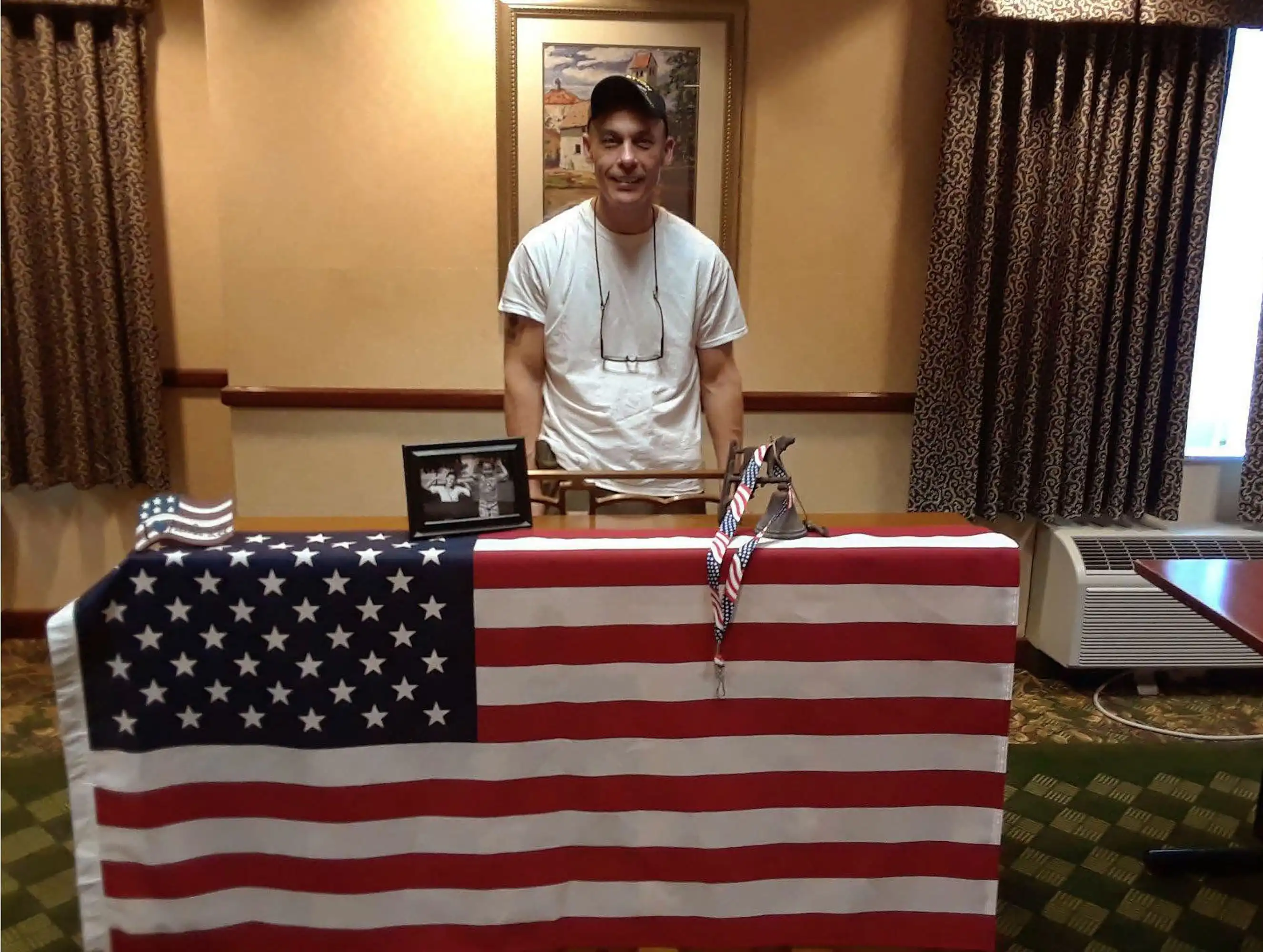 Veteran David Haave preparing his songs on the piano for the fallen US Soldiers tribute. -- David Haave